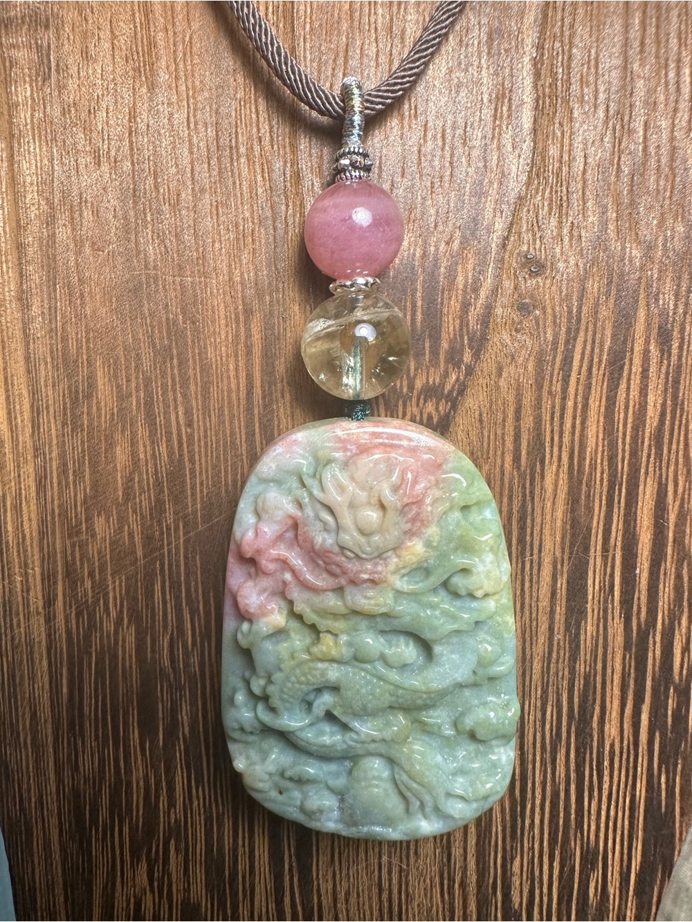 Ocean Jasper Dragon Pendant Necklace with Citrine and Rose Quartz on Brown Rope - Picture 12 of 16